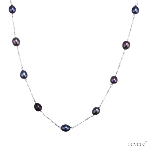 Elegant and rare dark grey freshwater pearls with peacock hues scattered on a sterling silver chain. 