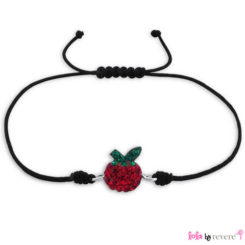 Children's silver apple bracelet designed with nylon cord.