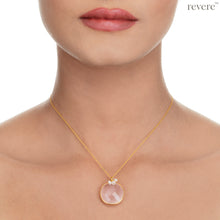 Load image into Gallery viewer, &quot;Blush&quot; features a multi faceted rose chalcedony pendant embellished with delicate white pearls on a gold plated sterling silver chain. 
