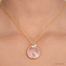Load image into Gallery viewer, &quot;Blush&quot; features a multi faceted rose chalcedony pendant embellished with delicate white pearls on a gold plated sterling silver chain. 

