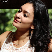 Load image into Gallery viewer, Indulge in the genius design of rose gold plated sterling silver adorned with multi-colored moonstones. Worn here with the &quot;Clairvoyant&quot; necklace.
