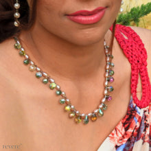 Load image into Gallery viewer, carnival pink pearl necklace with rainbow crystal for evening wear and fun occasions
