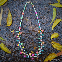 Load image into Gallery viewer, carnival pink pearl necklace with rainbow crystal for evening wear and fun occasions

