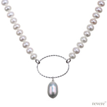Load image into Gallery viewer, Ecru is a chic strand of freshwater white pearls strung together with a sterling silver oval ring and pearl drop for that extra bit of pop.
