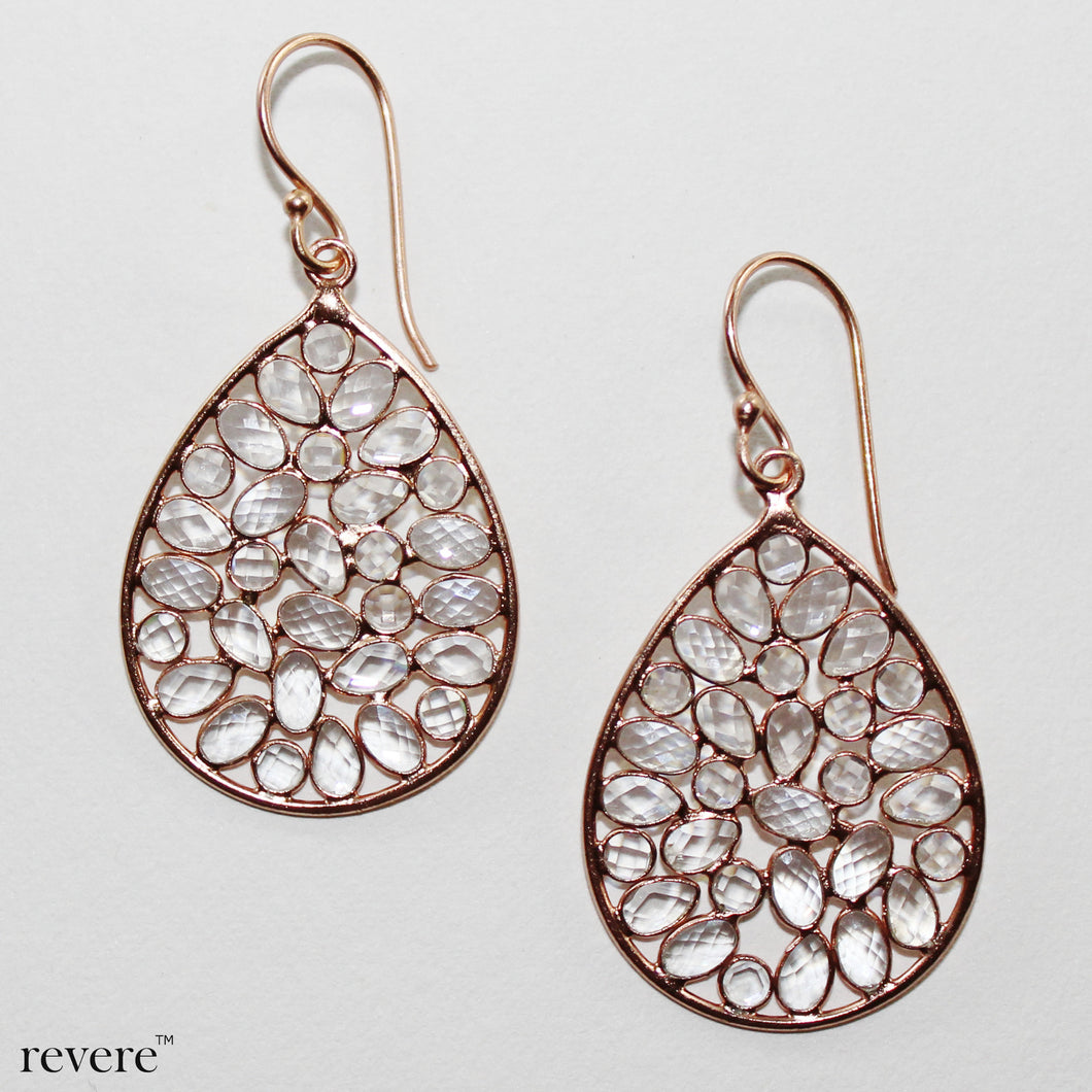 'Marichi' in Sanskrit means ray of light and features a contrasting array of white zircon stone (not to be confused with cubic zirconia) set in sterling silver with rose gold plating. The zircon stone is famous for its flashes of brilliance, high refraction and fire. The zircon stone, is also known as 