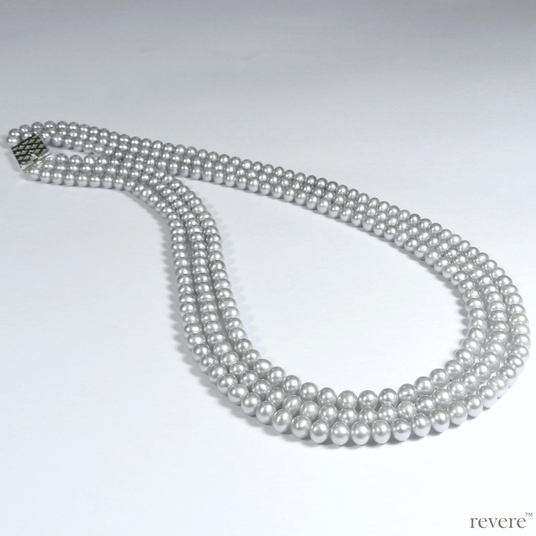 grey AAA grade cultured fresh water pearl necklace, 3 string, represents grace and elegance, for day wear, evening wear and special occasions