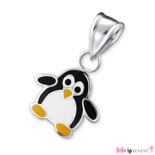 Load image into Gallery viewer, Children&#39;s silver penguin pendant delicately suspended on a string of black,yellow and white glass crystals. 
