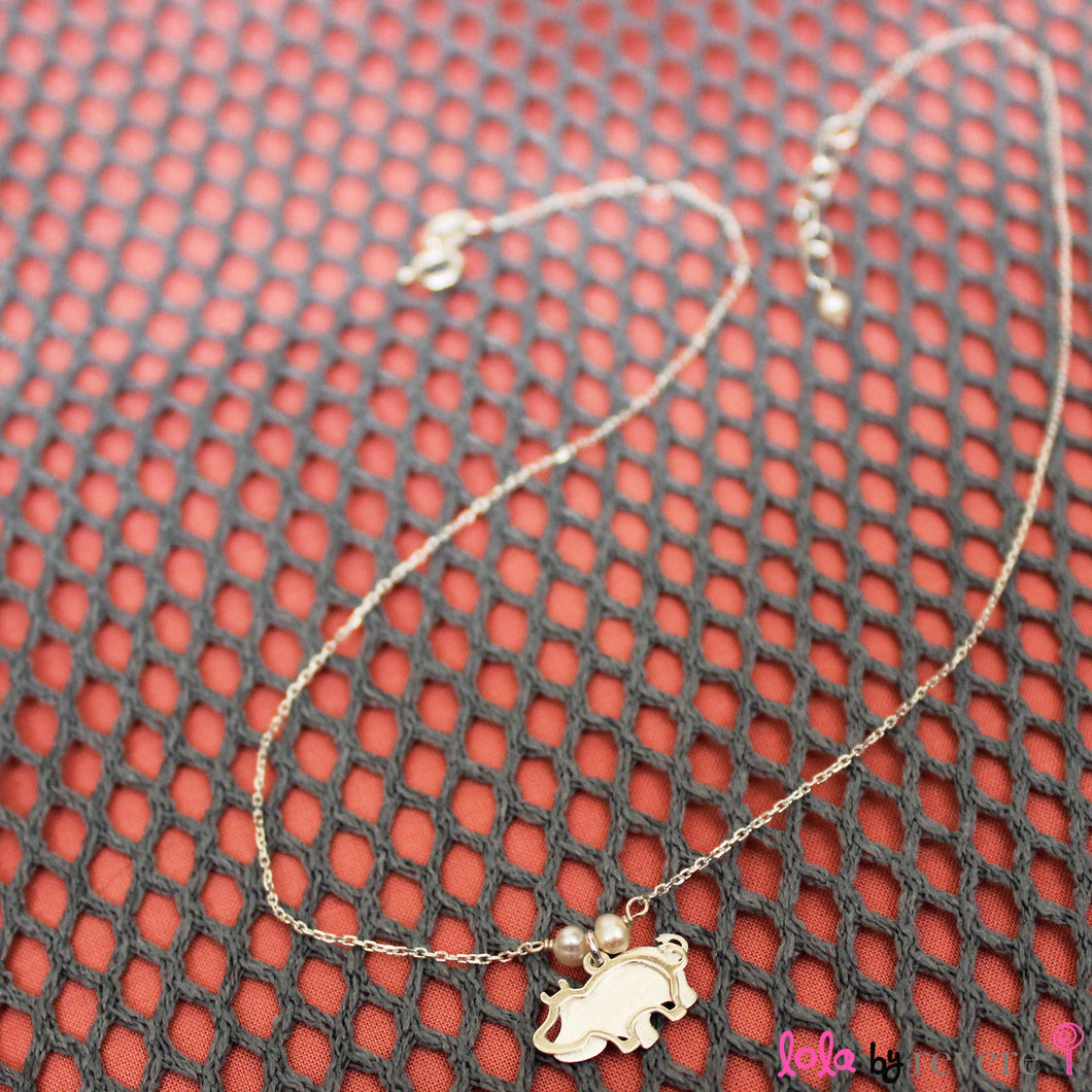 Sterling Silver Chain with two overlapping cute hippos on a sterling silver pendant embellished with small freshwater white pearls. The chain measures 14.5